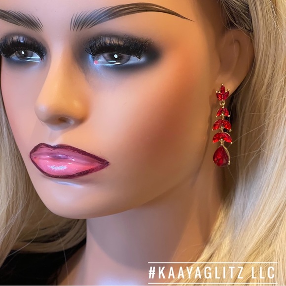 Red Dangle Earrings Red Rhinestone Earrings Red Vine Earrings Red Bridal Jewelry - Picture 2 of 4